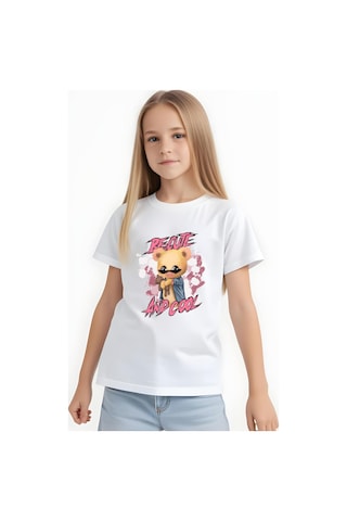 Panios Kids And Cool Baskılı Kız Çocuk Kısa Kollu T-shirt Beyaz