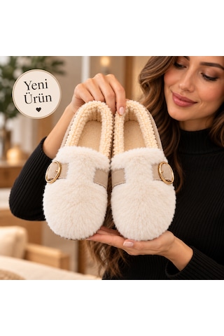Moon Cloud Kadın Peluş Gold Aksesuar Detaylı Sıcak Tutan Loafer Ev-ofis Ayakkabı-babet Hediyelik-çeyizlik Zyn3001 Kum Beji