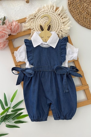Miniğimin Cicileri Fırfır Detaylı Alttan Çıtçıtlı Kot Kız Bebek Takım Lacivert