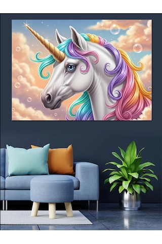 Ahşap Tablo Gökkuşağı Yeleli Beyaz Unicorn Tablosu