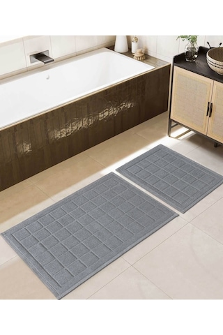 Koza Home Medea Gri 2li Pamuk Kare Desenli Banyo Paspas Takımı 60x100 60x50 Gri