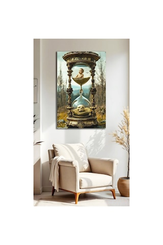Zamanın Gizemi Cam Tablo Kum Saati Ve Yaşam Ölüm Temalı Sürrealist Dekoratif Duvar Tablosu Vintage Gold Premium Salon Ve Ofis Dekoru