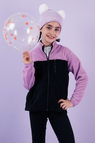 Lela Yumuşak Dokulu Fermuarlı Renk Bloklu Dik Yaka Cepli Hırka Unisex Çocuk Polar 5905001 Lila-Siyah