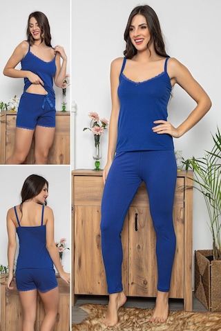 Myben Kadın Saks Renkli Dantel Detaylı Şortlu Ve Taytlı Pijama Takımı 3'lü Set 75006 Saks Mavisi