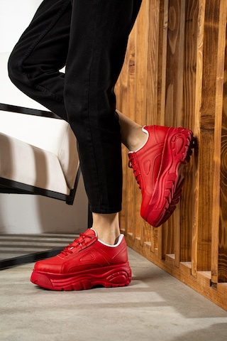 Günlük Kadın Spor Ayakkabı Yüksek Kalın Taban 6 Cm Suni Deri Sneaker 001 Kırmızı