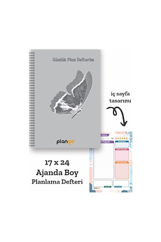 Gri Kelebek Spiralli Günlük Planlama Defteri - 100 Sayfa - 17x24 Planlayıcı Defter Beyaz - Mor