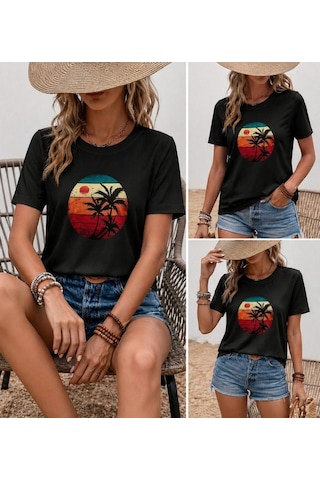 Efnaz Style Kadın Kısa Kollu Palmiye Baskılı Viskon Bluz Siyah