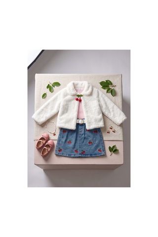 Deniva Kids Kız Çocuk Kiraz Nakışlı Kot Etekli Peluş Hırka Ve Fitilli Sweatshirt 3'lü Takım Beyaz