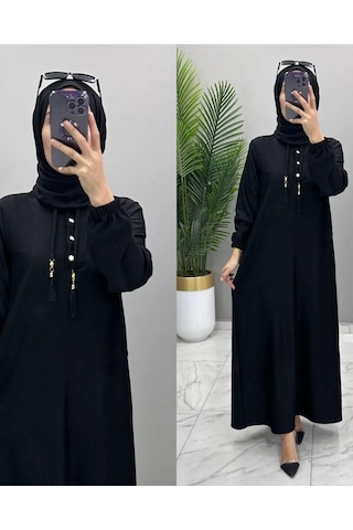 Kadın Siyah Karin Aerobin Kumaş Yarım Ön Düğmeli Püskül Bağcık Kuşaklı Tesettür Elbise Siyah