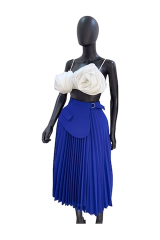 Kadınlar İçin Pileli Etekli Yüksek Bel Düzensiz Bağcıklı A Kesim Etek Mavi