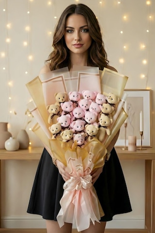 Sevgililer Günü Ne Özel: Deluxe 65 Cm Dev Peluş Ayıcık Buketi Pembe & Krem