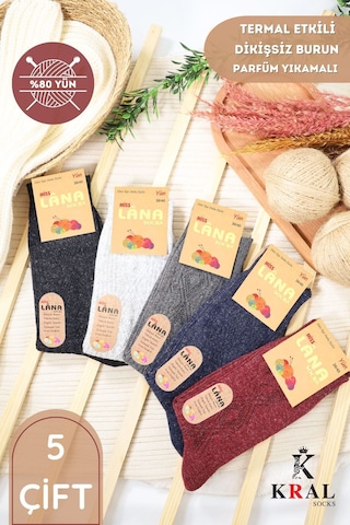 Kral Socks Kışlık Yün Çorap 5 'li Lambswool Kuzu Yünlü Kadınlar Için Dikişsiz Termal ASORTİ