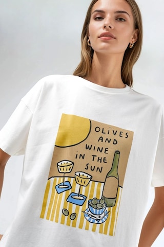 Hiccup Baskılı Oversize Tişört Beyaz