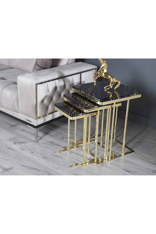 Zigon Sehpa & Yan Sehpa 3'lü Kare Sehpa Hıgh Gloos Mdf Siyah Gold İşleme