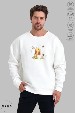 Unisex Uzun Kollu Winnie The Pooh Baskılı Bisiklet Yaka Kapüşonsuz Şardonlu Oversize Sweatshirt Beyaz