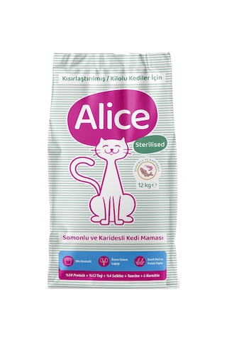 Alice Light & Sterilised Kısır veya Kilolu Kedi Maması Somonlu Karidesli 12 KG