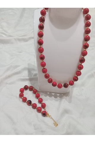 Kırmızı Yuvarlak Kolye Ve Bileklik Takımı Kırmızı