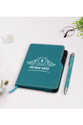 Kişiye Özel Isimli Turkuaz Termo Deri Defter Kalem Seti-33