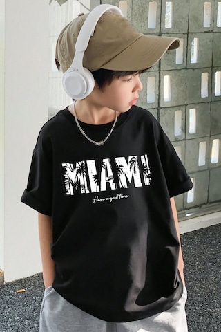 Uyguntarz Çocuk Miami Baskılı Pamuklu Tshirt Siyah
