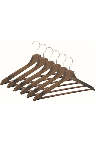 Nyn Ahşap Askı M-002 Barlı Elbise Pantolon Askısı Ceviz Renk 6 Adet Kahverengi