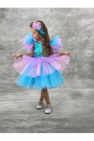 Kız Çocuk Tütü Etekli Deniz Kızı Elbisesi Mavi 2102 Mavi