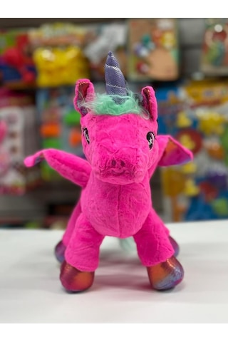 Oyuncak Peluş Kanatlı Unicorn Tek Boynuzlu At Fuşya Koyu Pembe 30 Cm Pembe