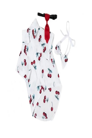 Patici Misss Kiraz Desen Kedi Köpek Yazlık Gömlek Papyon Kravat Üçlü Takım XL