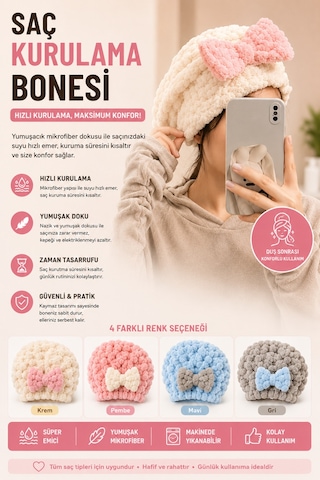 Fiyonklu Mikrofiber Saç Kurutma Bonesi Süper Emici Yumuşak Saç Kurulama Havlusu Duş Sonrası Saç Bonesi Saç Havlusu Gri