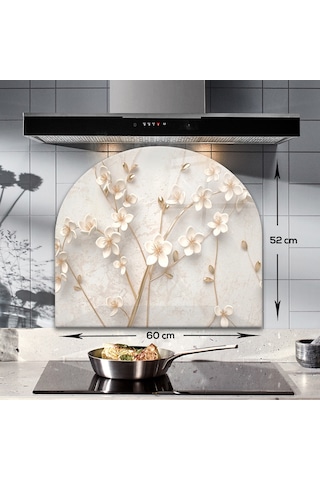 Decorita Cam Ocak Arkası Koruyucu|Oval Şekilli|Beyaz Çiçek-Gold