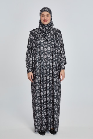 Pratik Tek Parça Manolya Desenli Namaz Elbisesi Koyu Siyah