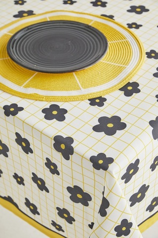 Ays Home Sarı Siyah Papatya Desen Kumaş Yemek Masası Örtüsü