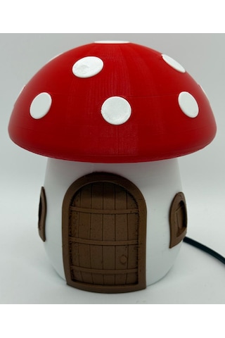 Cevizdizayn Abajur Mantar Şirin Peri Evi Gece Lambası Masa Lambas Beyaz - Kırmızı