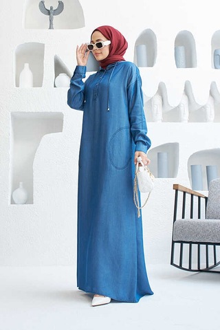 Neways 6643 Kapüşonlu Tesettür Elbise Koyu Mavi