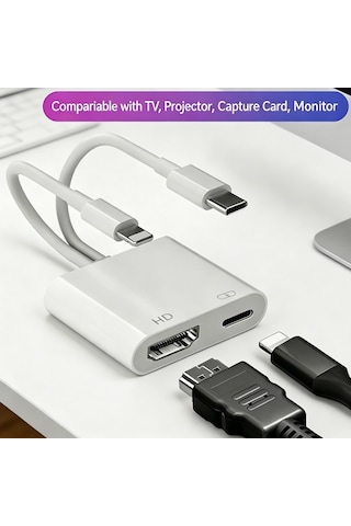 Cr48 2in1 Apple iPhone İle Uyumlu & Type-c'den Hdmı'a Dijital Av Adaptörü 4k Uhd & 1080p Ses Ve Görüntü Aktarıcı, Pd Şarj Girişli Tv, Monitör Ve Projektör Dönüştürücü Hub Ligting Bus To Type-c