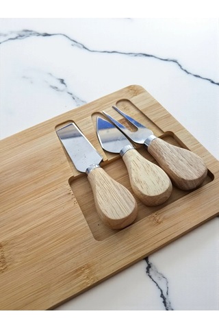 Doğal Bambu Bıçaklı Peynir Servis Sunum Tabağı Kahvaltı Sunum Tahtası Seti 4 Parça 30x17 Cm Kahverengi