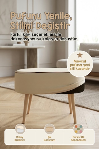 Yıkanabilir Puf Tabure Kılıfı Tak-Çıkar-Değiştir-Yenile Orta Sehpa Kılıfı 59x37x17 Meek Bej