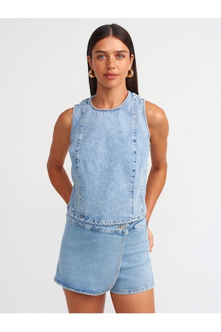 Dilvin Kruvaze Denim Şort Etek Mavi