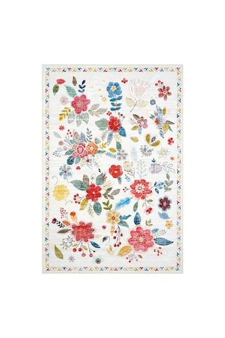 Cool Halı Daisy Beyaz Renkli Bohem Halı Yıkanabilen Çiçekli Dokuma Şönil Halı Vintage Ev Oda Halısı