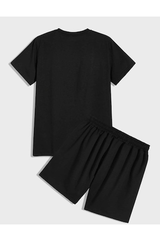 Moon T-shirt Şort - Siyah Alt Üst Kombin Şort Tişört Takım Baskılı Oversize Bisiklet Yaka Siyah