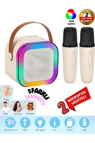 Uiowoo K12 Kablosuz Bluetooth Hoparlör Bej Karaoke 2 Mikrofon Li Ses Efektli Rgb Hd Stereo Ses Usb/sd