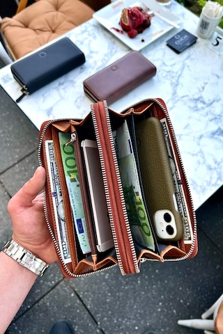 Tigan Unisex Antik Taba Çift Fermuarlı Hakiki Deri Telefon Cüzdanı El Çantası Taba