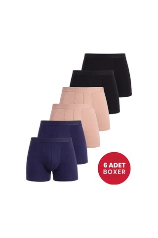 Astrid T Temel Giysi İç Giyim Yumuşak Çamaşır 6'lı Paket Erkek Pamuklu Likralı Esnek Kumaş Renkli Boxer 2siy 2laci 2ten