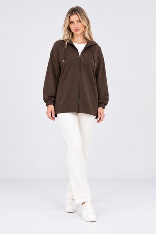 Fiolin Kristal 2 İplik Salaş Fermuarlı Sweatshirt Kahve Rengi