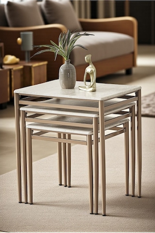 Diva Serisi 1. Sınıf Mebran Mdf 3 Lü Zigon Sehpa Takımı Gold Bronz