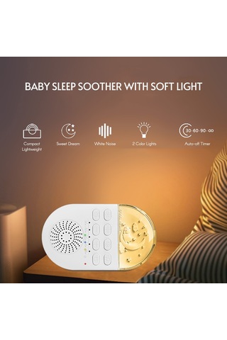 Tenfowee Bebek Uyku Alıcı - 24 Doğa Sesli, 2 Renkli Işık Sıcak/beyaz , 3 Zaman Ayarı 30/60/90 Dakika Beyaz Beyaz