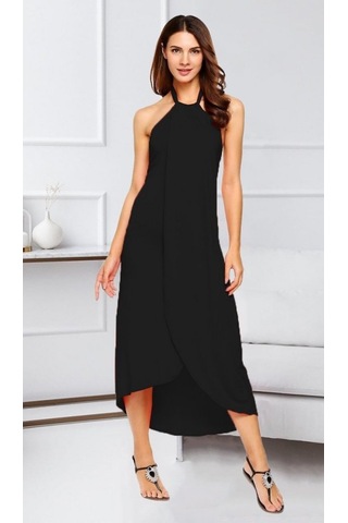 Kadın Omuzlardan Açık Boyundan Geçmeli Asimetrik Kesim Detaylı Viskon Elbise Siyah