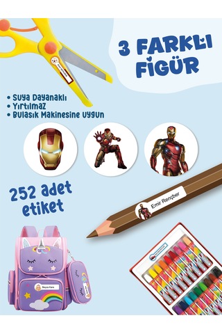 Okul Etiketi Kalem Defter Etiketi Demir Adam Iron Özel İsim Yazılabilen Etiket - 252adet