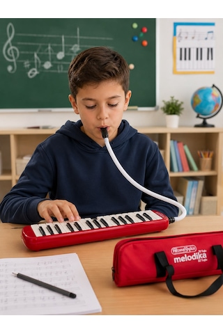 Helvacıoğlu 32 Tuşlu Kırmızı Melodika Çantalı Hortumlu Ağızlıklı Okul Müzik Aleti Çok Renkli