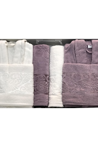 Royam  Eva Gold Kadife Jakarlı Pamuklu 6 Parça Aile Bornoz Seti