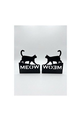 Kedi Figürlü Ve Meow Yazılı Metal Kitap Tutacağı - Siyah Dekoratif Kitap Desteği